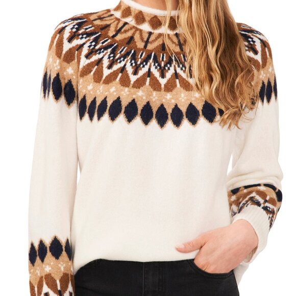 CeCe Fair Isle Funnel Neck Antique White Holiday Winter Sweater sz S NWT - Picture 1 of 8
